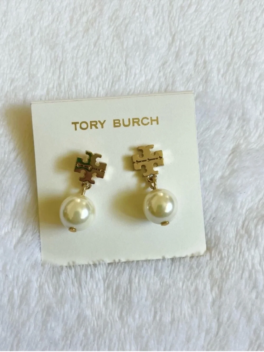 Tory Burch Gold-Tone Logo Drop Earrings with Cream Pearls